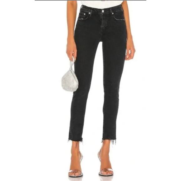 Agolde Toni Mid Rise Slim Straight Ankle Fray Jeans Feral Black 24 - Picture 1 of 8